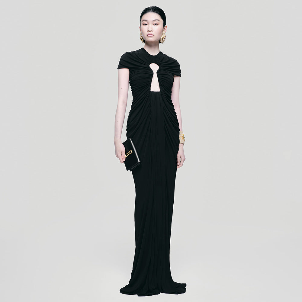 Ruched Keyhole Cut Out Cap Sleeve Floor Length Bodycon Maxi Gown