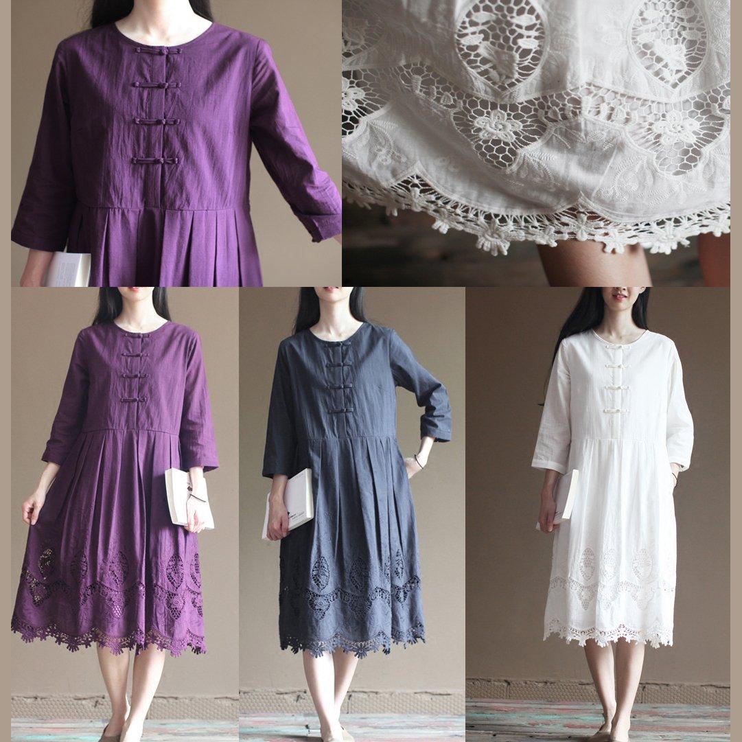 Elegant lace patchwrok white cotton dresses long sleeve maxi dress plus size cotton clothing 5