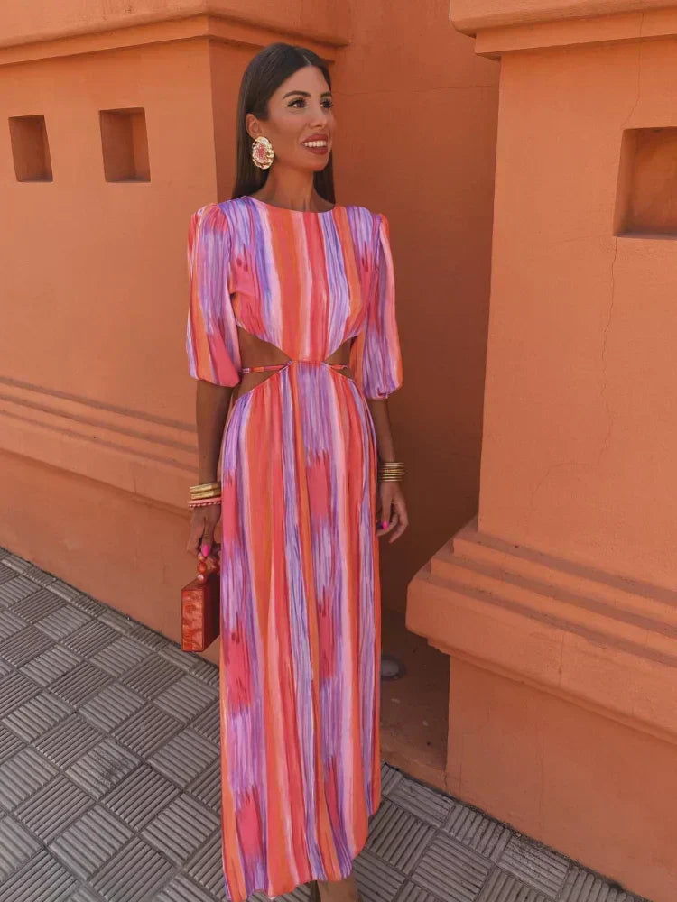 Striped Puff Sleeve Round Neck Side Cut Out Maxi Dress