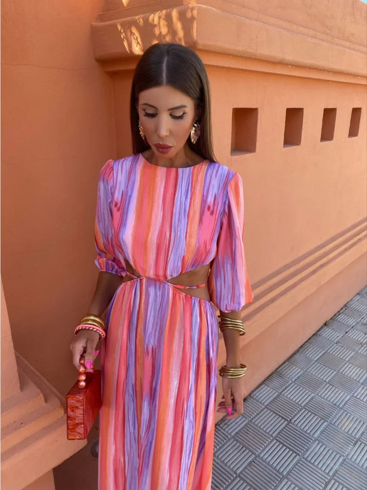 Striped Puff Sleeve Round Neck Side Cut Out Maxi Dress