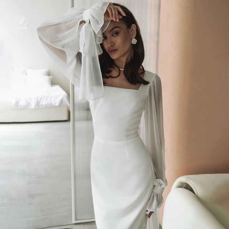 Satin Square Neck Long Sleeve Mermaid Maxi Dress 4