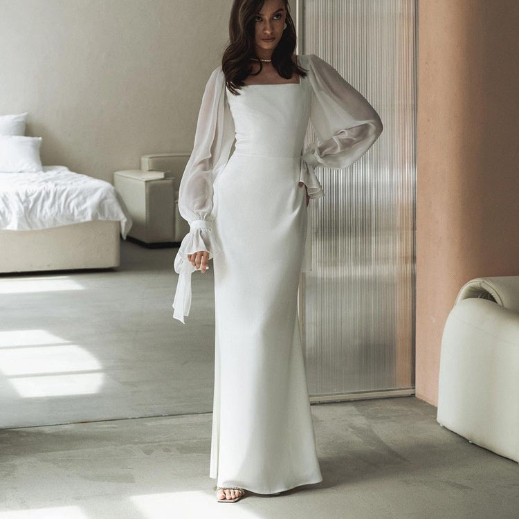 Satin Square Neck Long Sleeve Mermaid Maxi Dress 5
