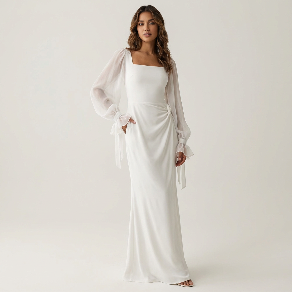 Satin Square Neck Long Sleeve Mermaid Maxi Dress 2