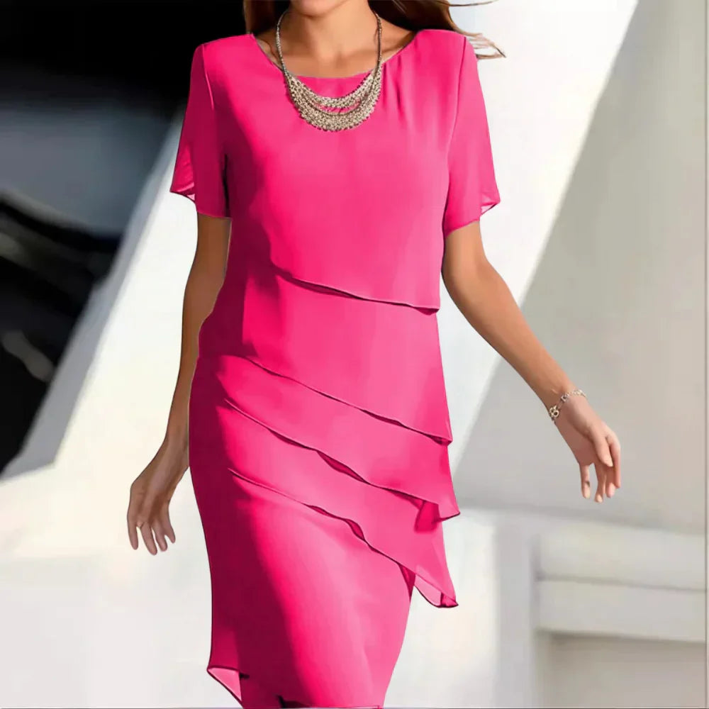 Round Neck Short Sleeve Tiered Ruffle Chiffon Midi Dress 4