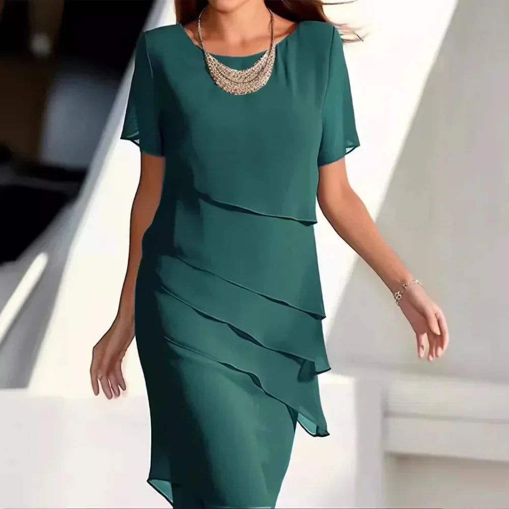 Round Neck Short Sleeve Tiered Ruffle Chiffon Midi Dress 5