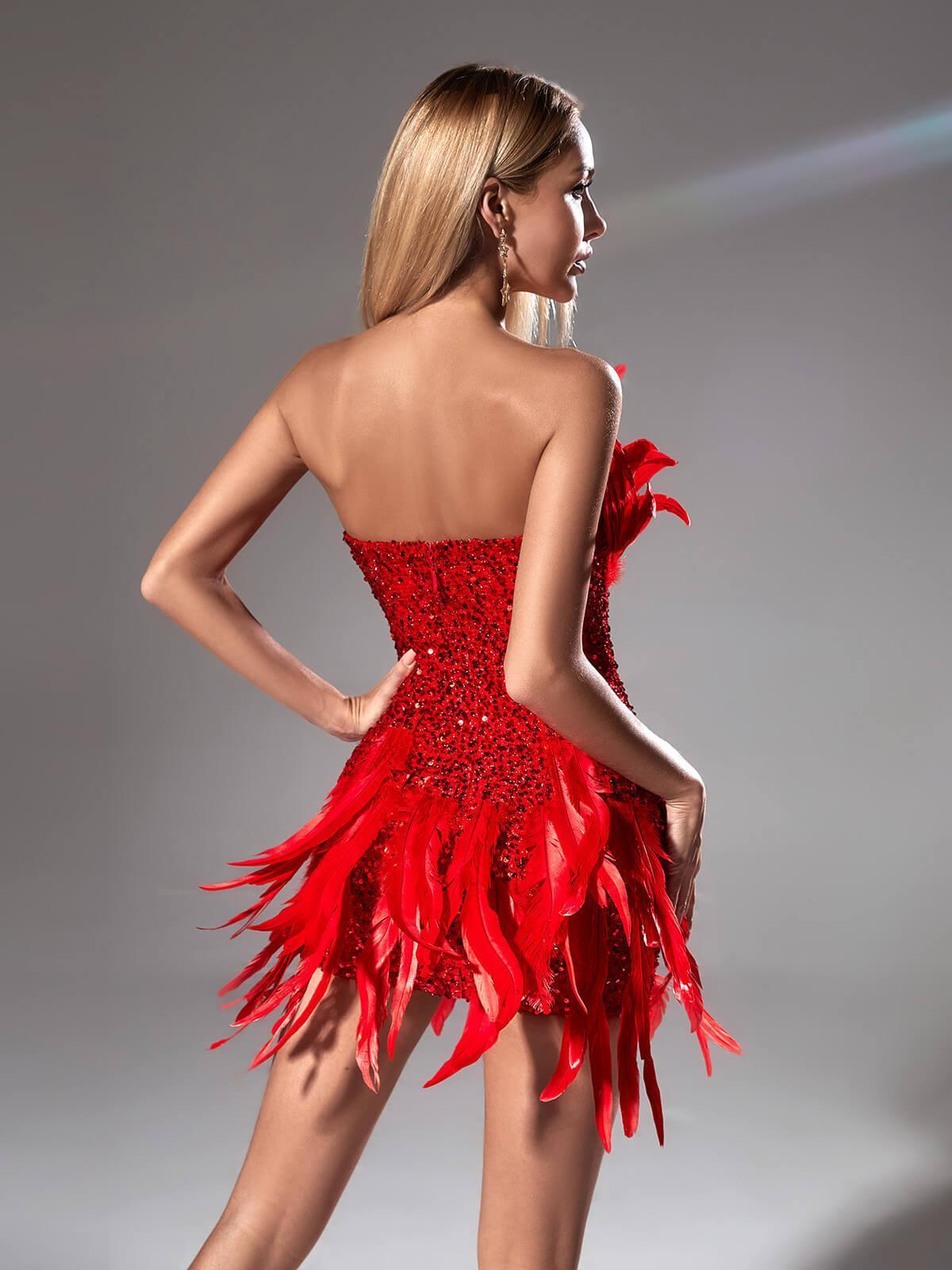 Sequin Strapless Feather Trim Mini Dress