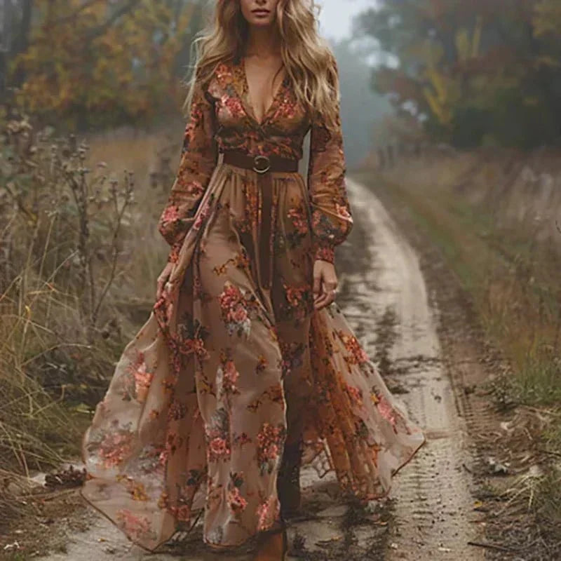 Floral Embroidered V-Neck Long Sleeve Belted Tiered Maxi Dress 3