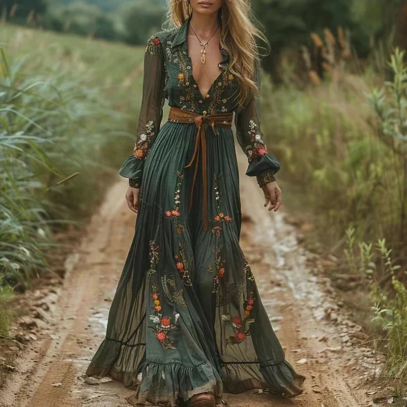 Floral Embroidered V-Neck Long Sleeve Belted Tiered Maxi Dress