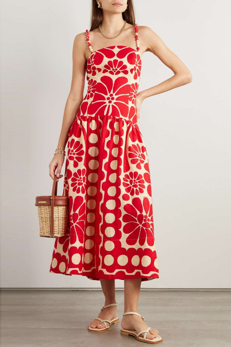 Floral Print Beaded Strap Square Neck Drop Waist Midi Dress