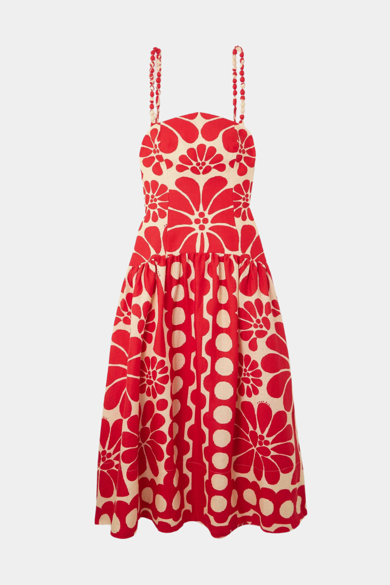 Floral Print Beaded Strap Square Neck Drop Waist Midi Dress 3