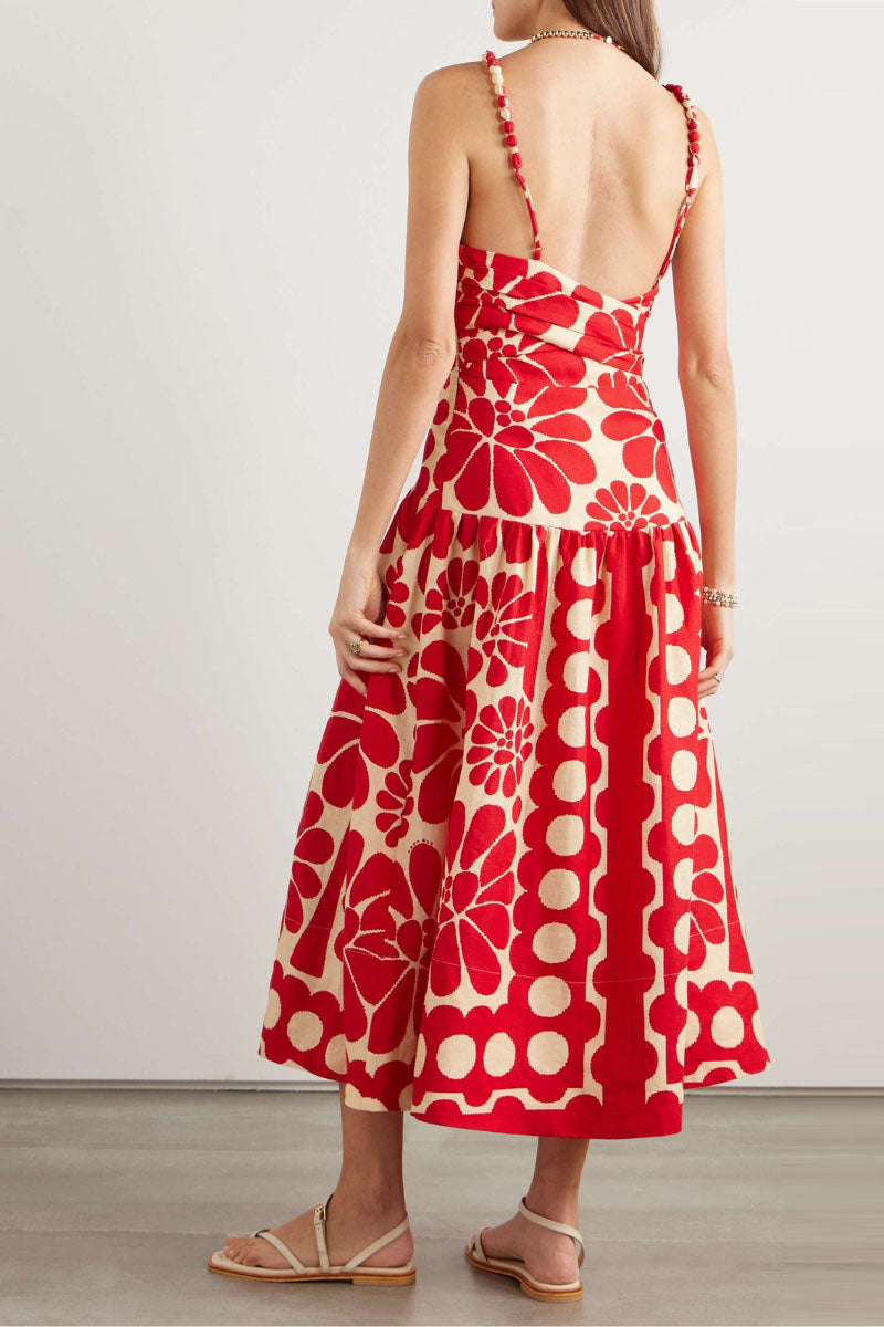 Floral Print Beaded Strap Square Neck Drop Waist Midi Dress 2