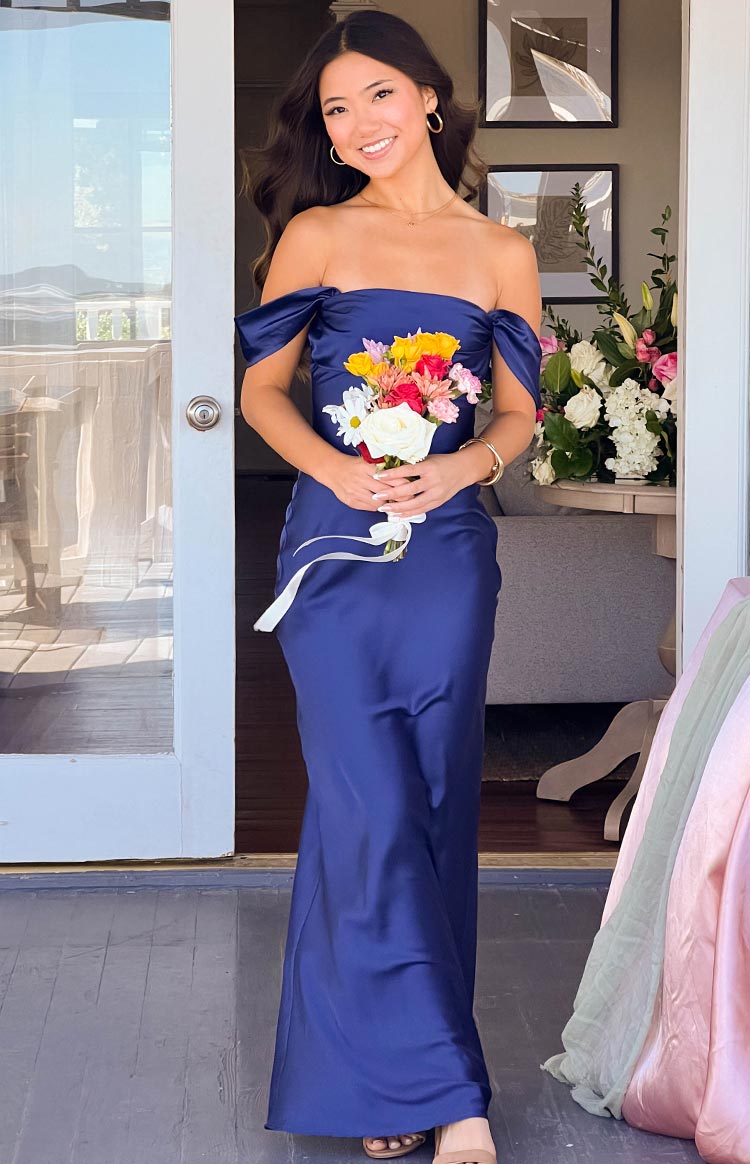 Satin Off Shoulder Draped Sleeve Formal Maxi Dress