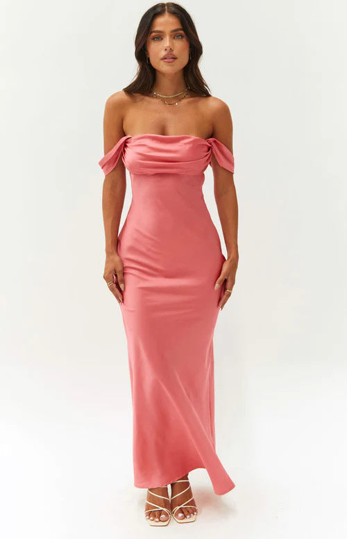 Off Shoulder Ruched Satin Maxi Dress 10