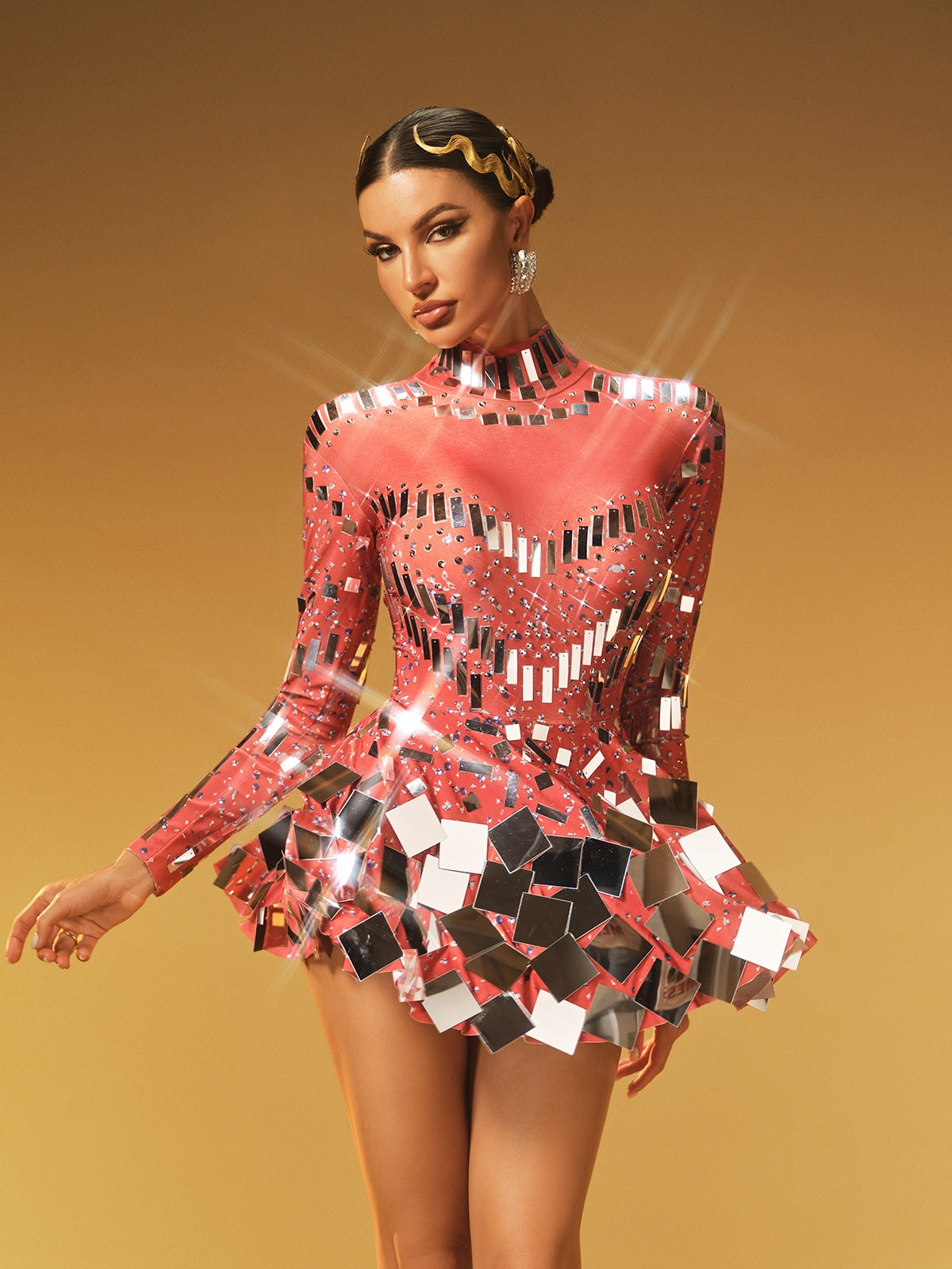 Long Sleeve Embellished Mini Dress In Red - View 3
