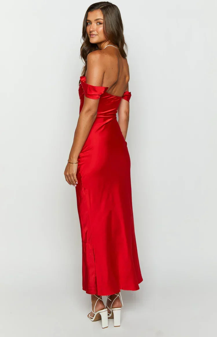 Satin Off Shoulder Draped Sleeve Column Maxi Formal Dress 7