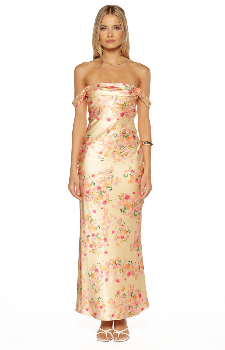 Ella Yellow Bloom Satin Maxi Dress