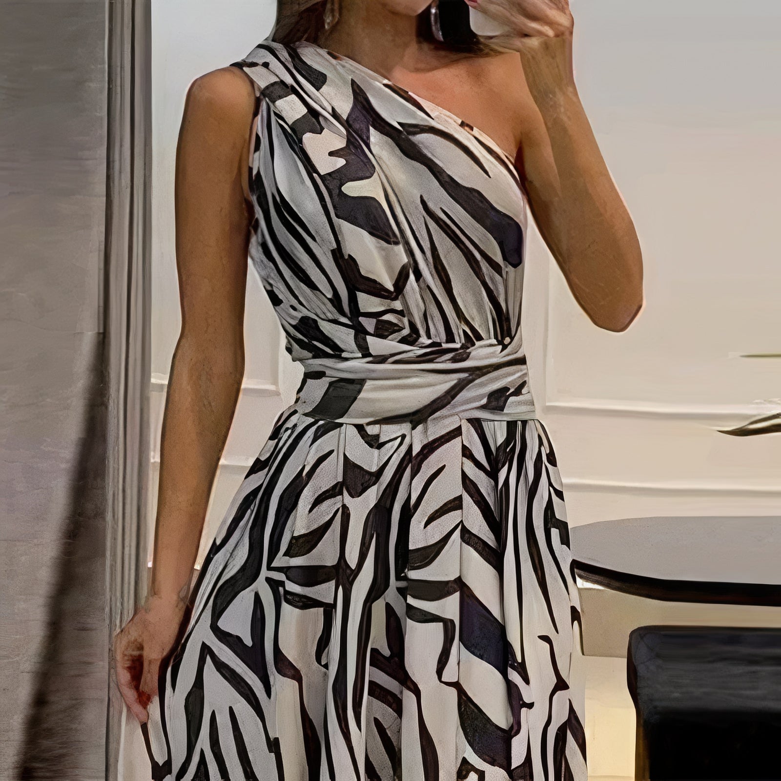 Zebra Print One Shoulder Wrap Sash Waist High Split A-Line Maxi Dress