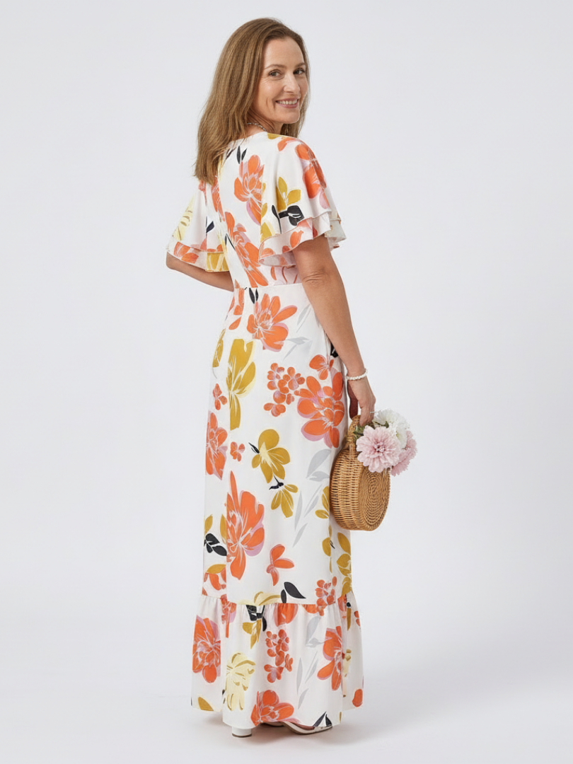 Floral Round Neck Flutter Sleeve Tiered Maxi Dress
