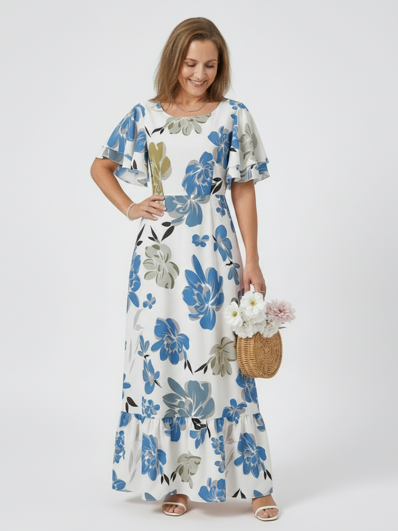 Floral Round Neck Flutter Sleeve Tiered Maxi Dress