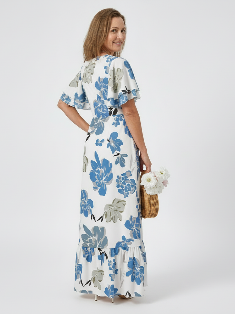Floral Round Neck Flutter Sleeve Tiered Maxi Dress