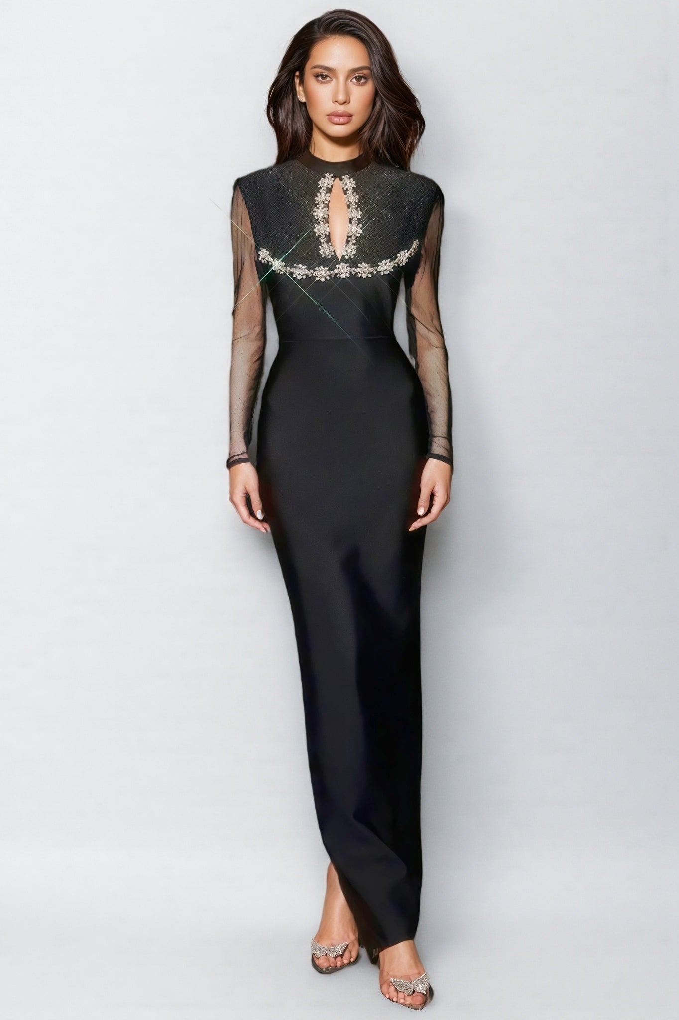 Mesh Long Sleeve High Neck Keyhole Cut Out Floral Embroidery Maxi Gown - View 2