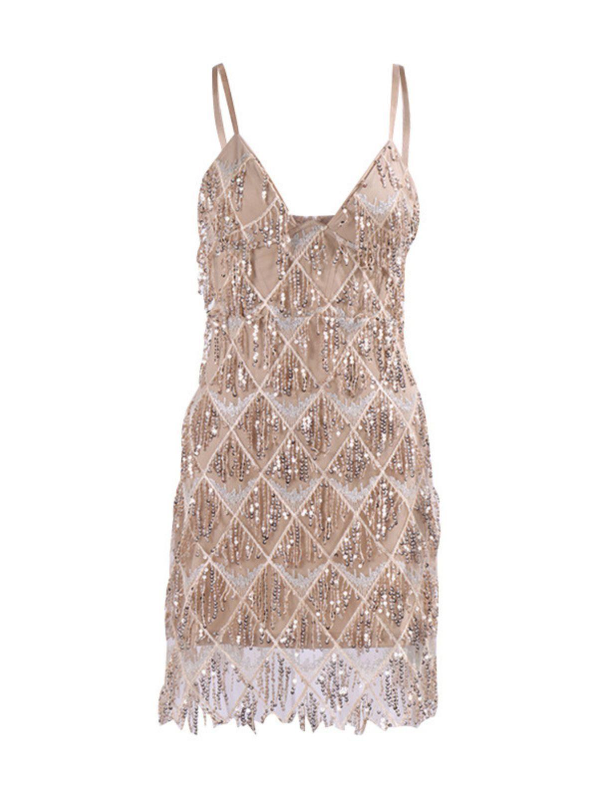 Sequin Deep V-Neck Spaghetti Strap Fringe Mini Dress