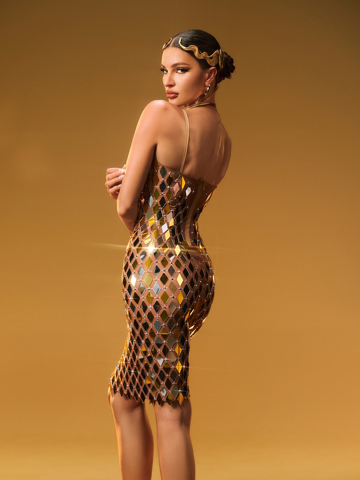 Spaghetti Strap V-Neck Mirror Rhinestone Mesh Bodycon Mini Dress