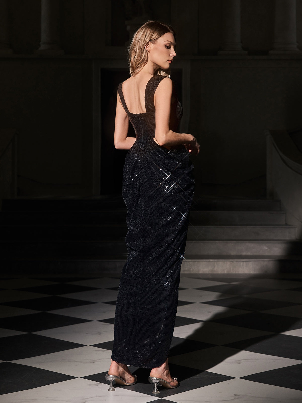 Sequin Square Neck Cut Out Flower Applique High Split Maxi Dress