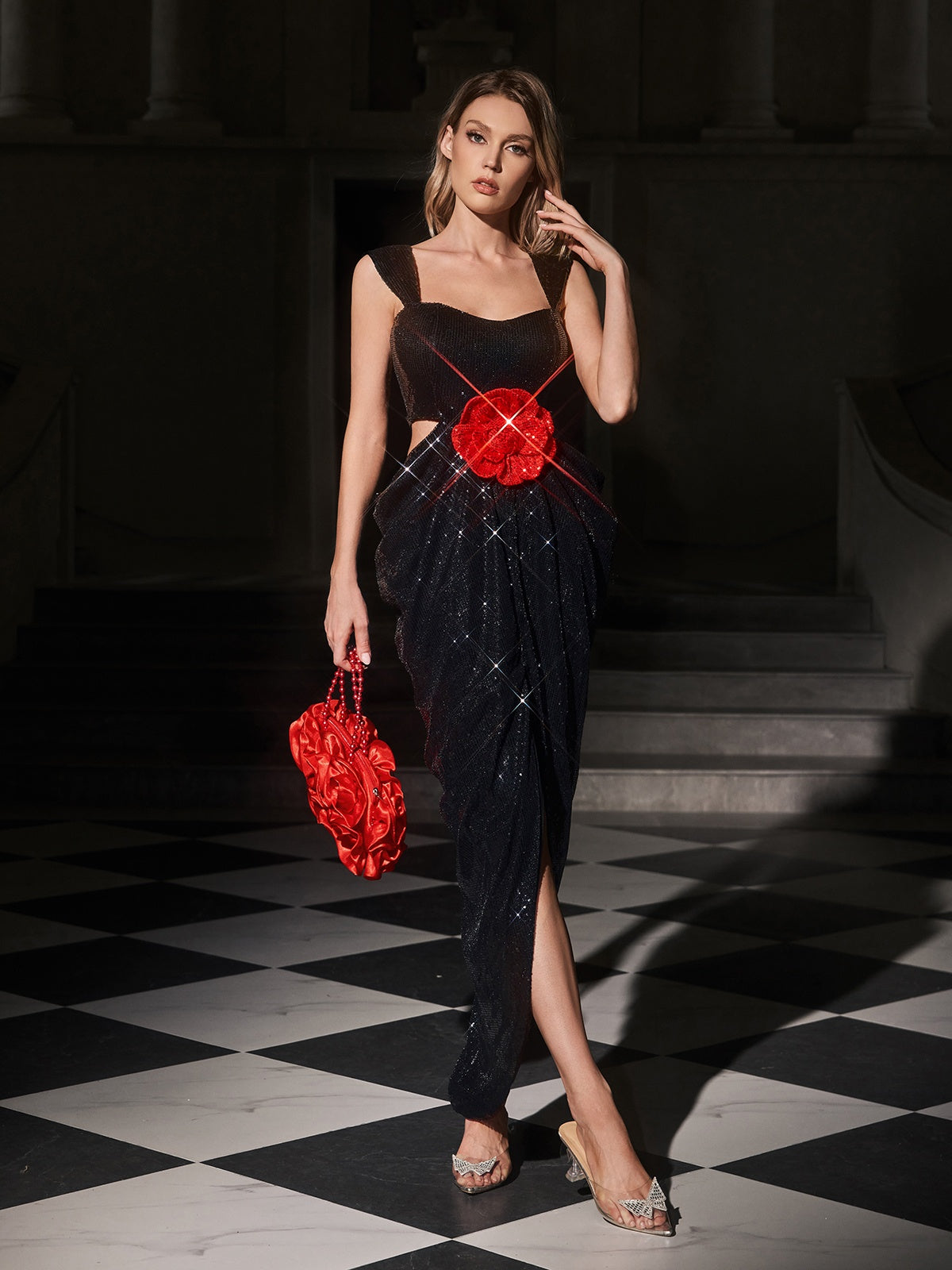 Sequin Square Neck Cut Out Flower Applique High Split Maxi Dress