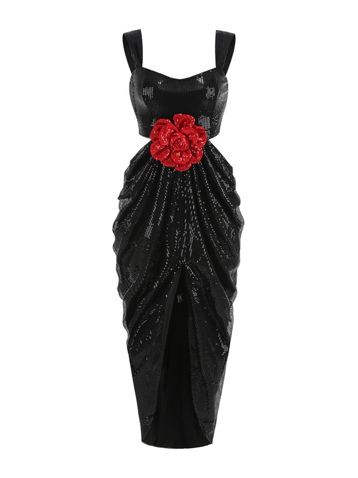 Sequin Square Neck Cut Out Flower Applique High Split Maxi Dress
