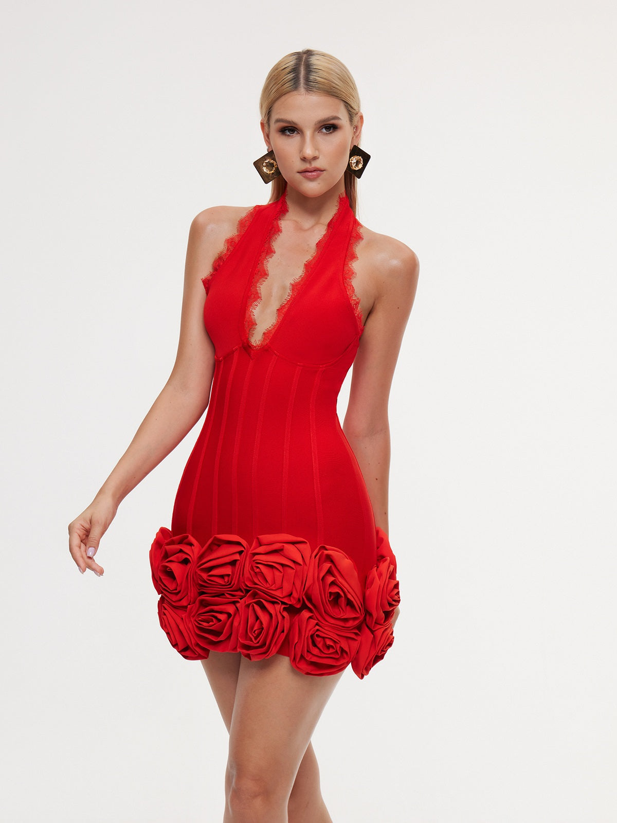 Bandage Halter Deep V-Neck Lace Trim Rosette Hem Mini Dress