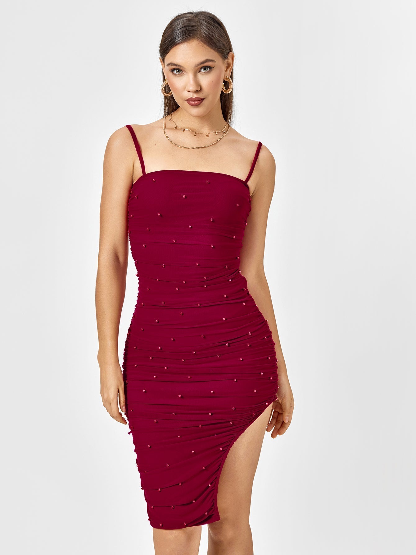 Embellished Bead Ruched Zipper Back Mesh Dress - View 6