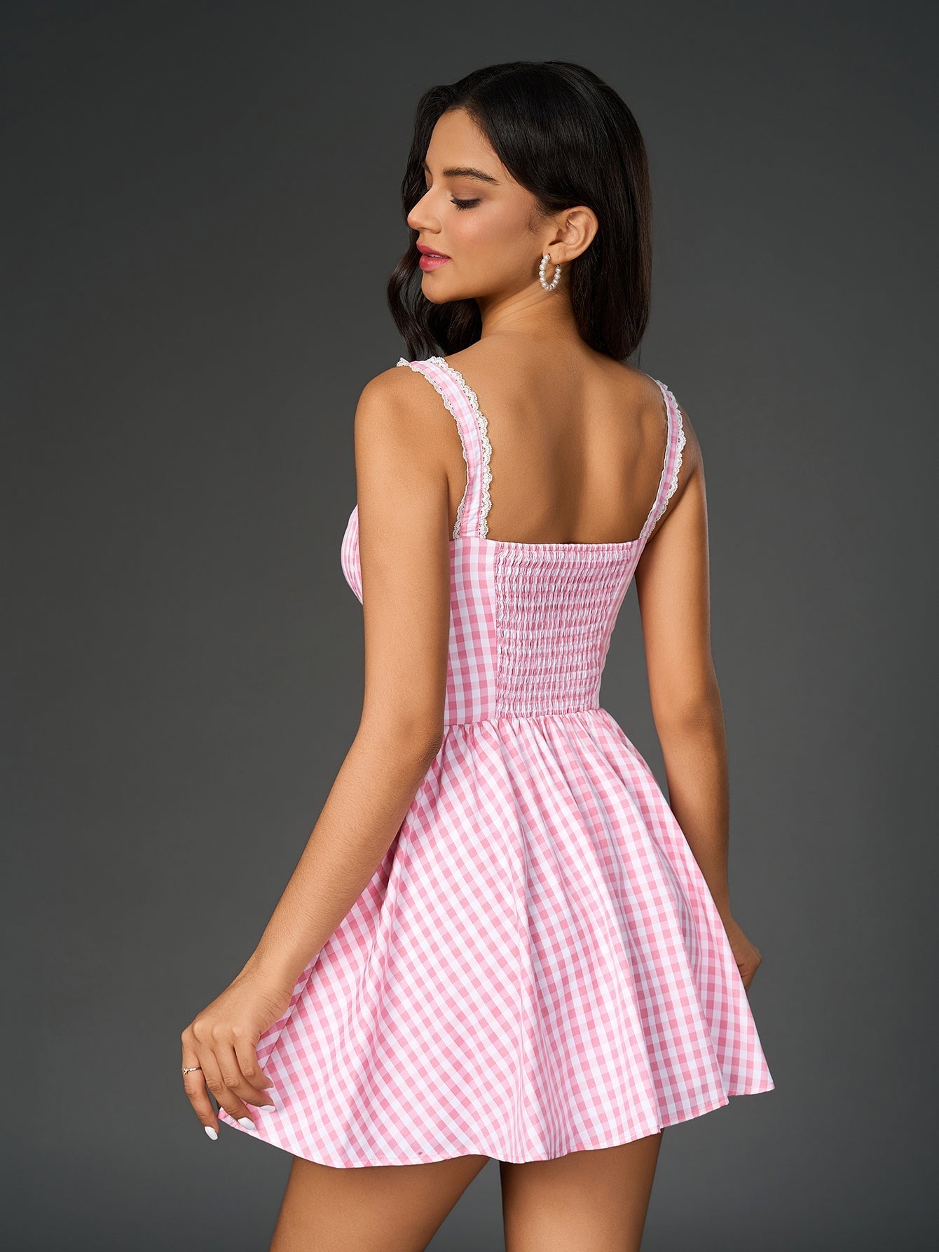 Lace Trim Sweetheart Wide Strap Gingham Plaid Button Front A-Line Mini Dress
