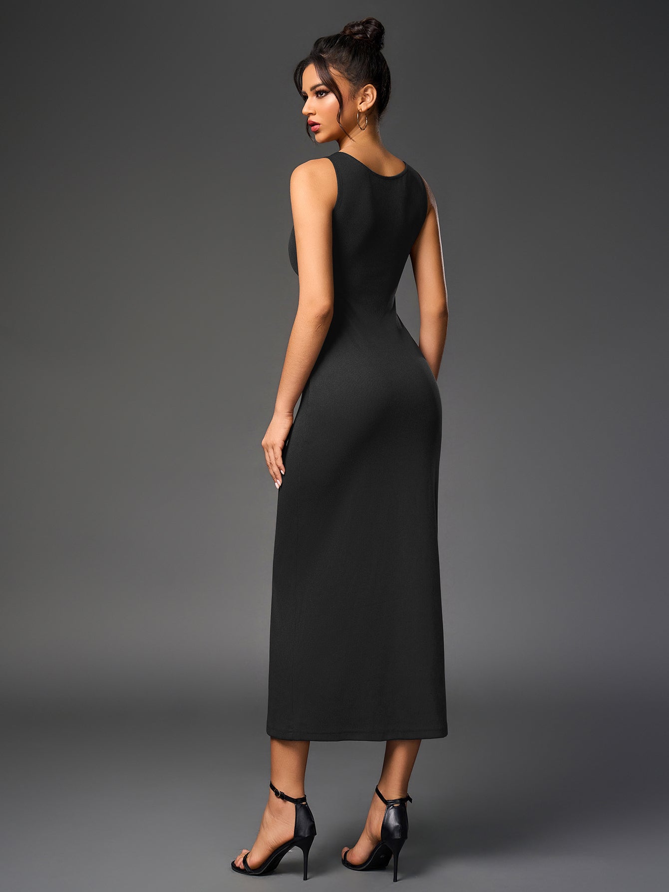Ribbed Knit Sleeveless Button Front Split Bodycon Maxi Dress