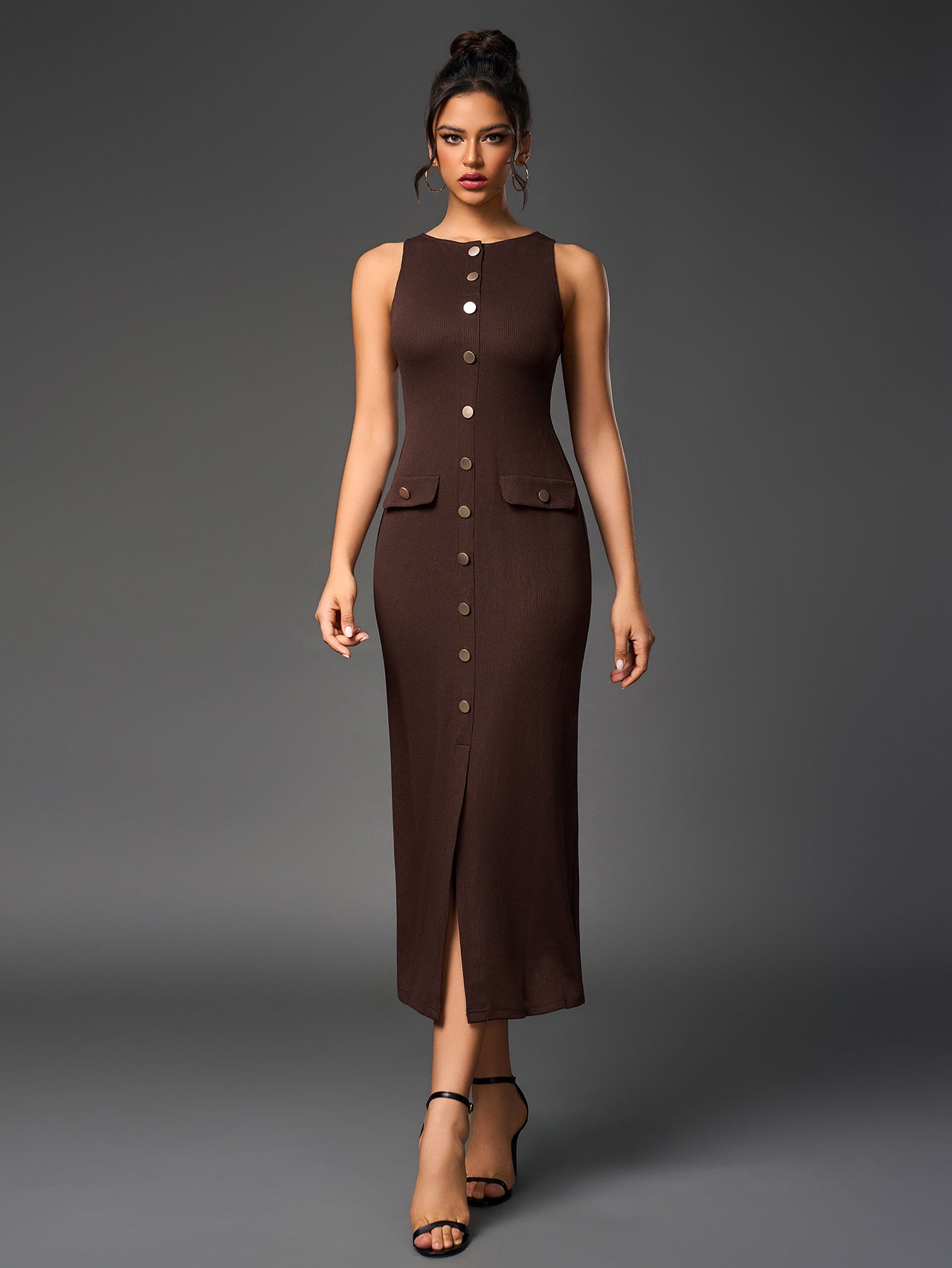 Ribbed Knit Sleeveless Button Front Split Bodycon Maxi Dress