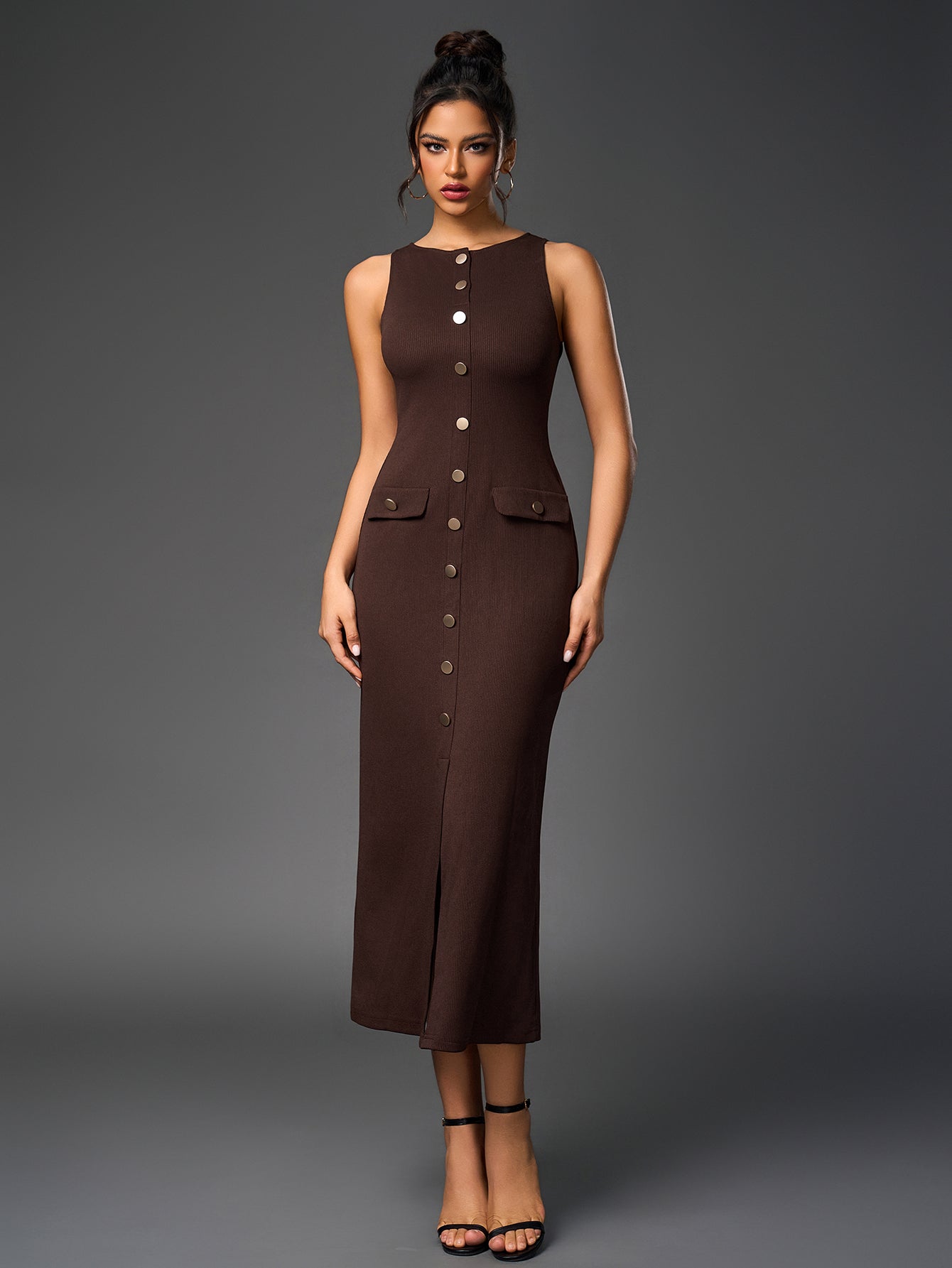 Ribbed Knit Sleeveless Button Front Split Bodycon Maxi Dress