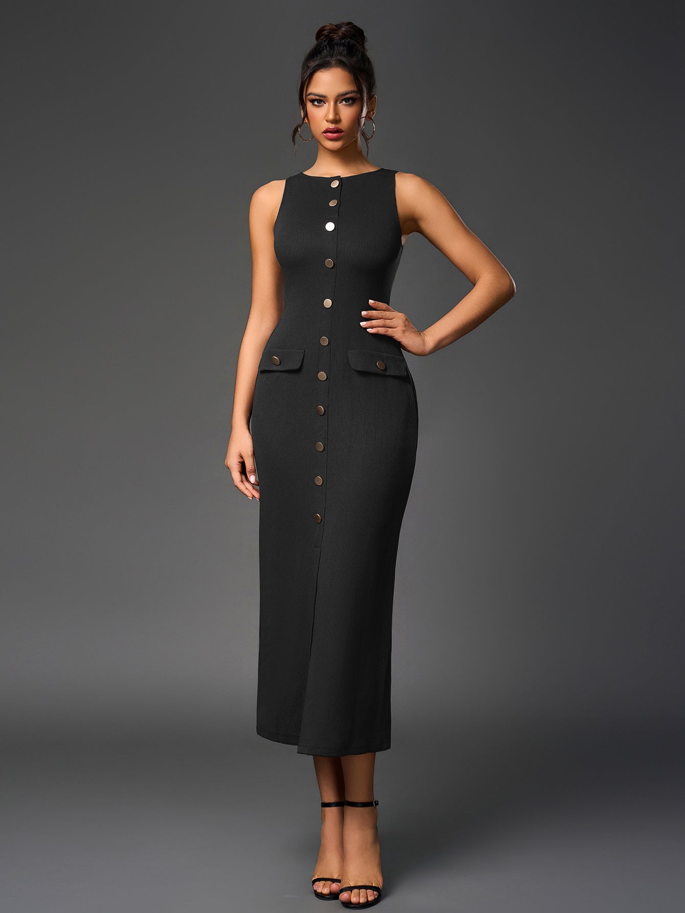 Ribbed Knit Sleeveless Button Front Split Bodycon Maxi Dress