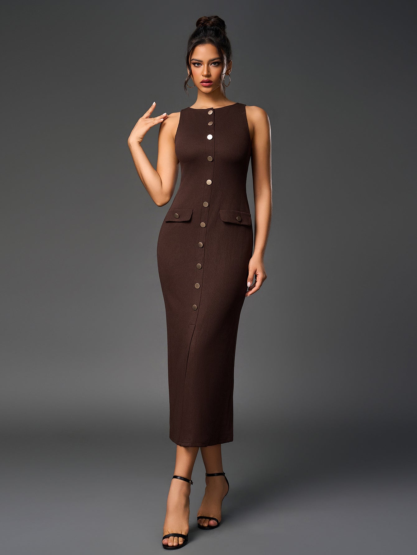 Ribbed Knit Sleeveless Button Front Split Bodycon Maxi Dress