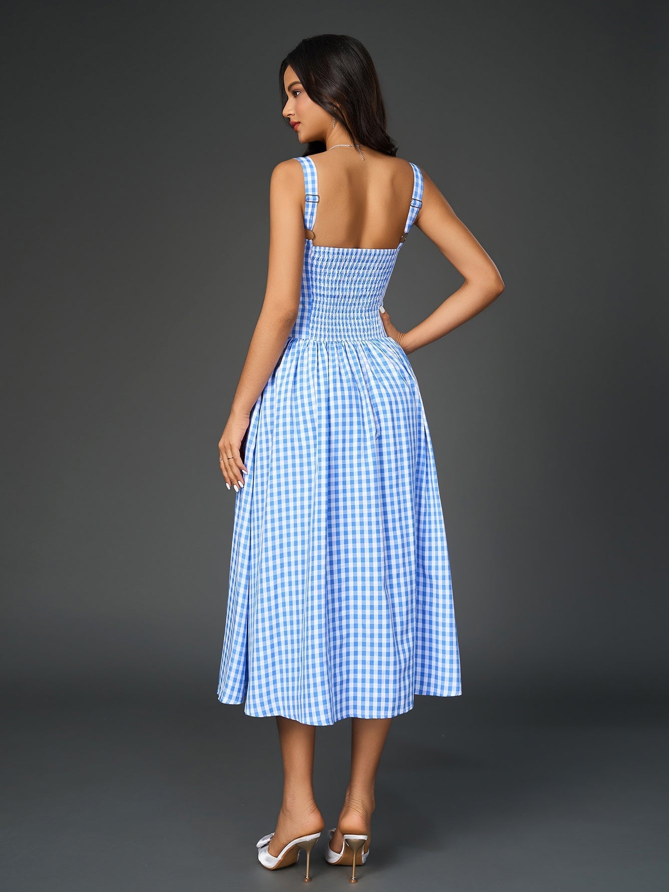 Embellished Lace Trim Pocket Plaid Print Midi Dress - View 2