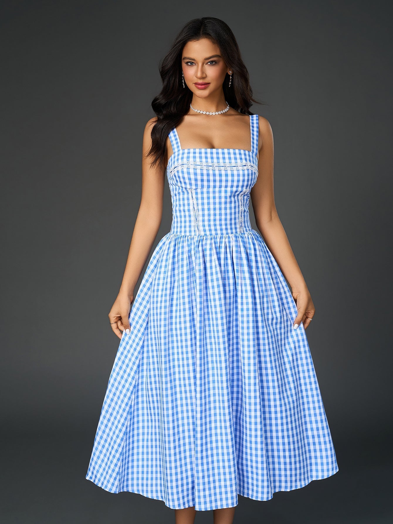 Embellished Lace Trim Pocket Plaid Print Midi Dress - View 5