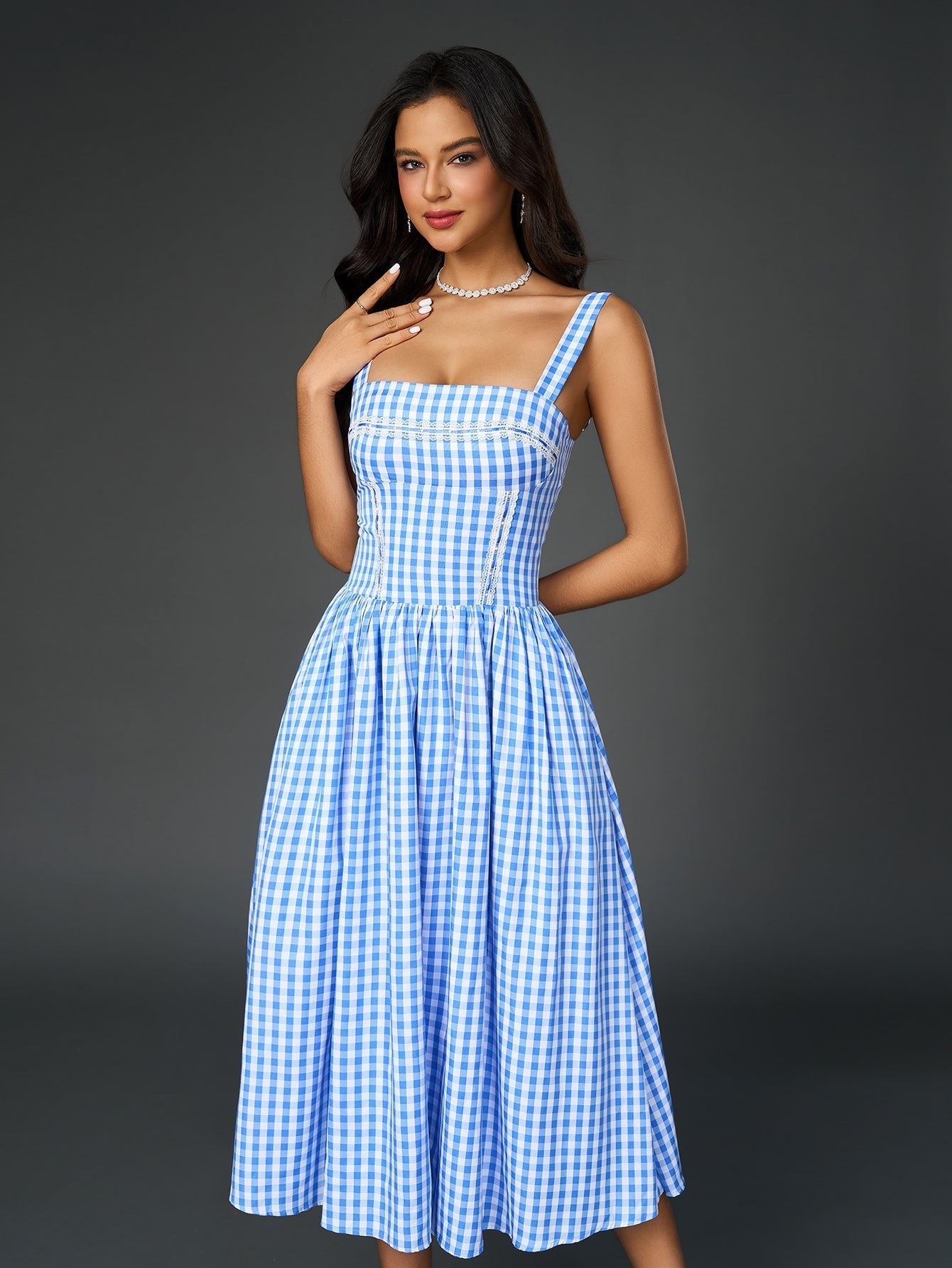 Embellished Lace Trim Pocket Plaid Print Midi Dress - View 4