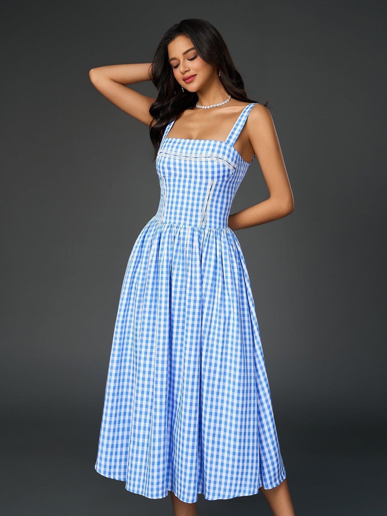 Embellished Lace Trim Pocket Plaid Print Midi Dress - View 3