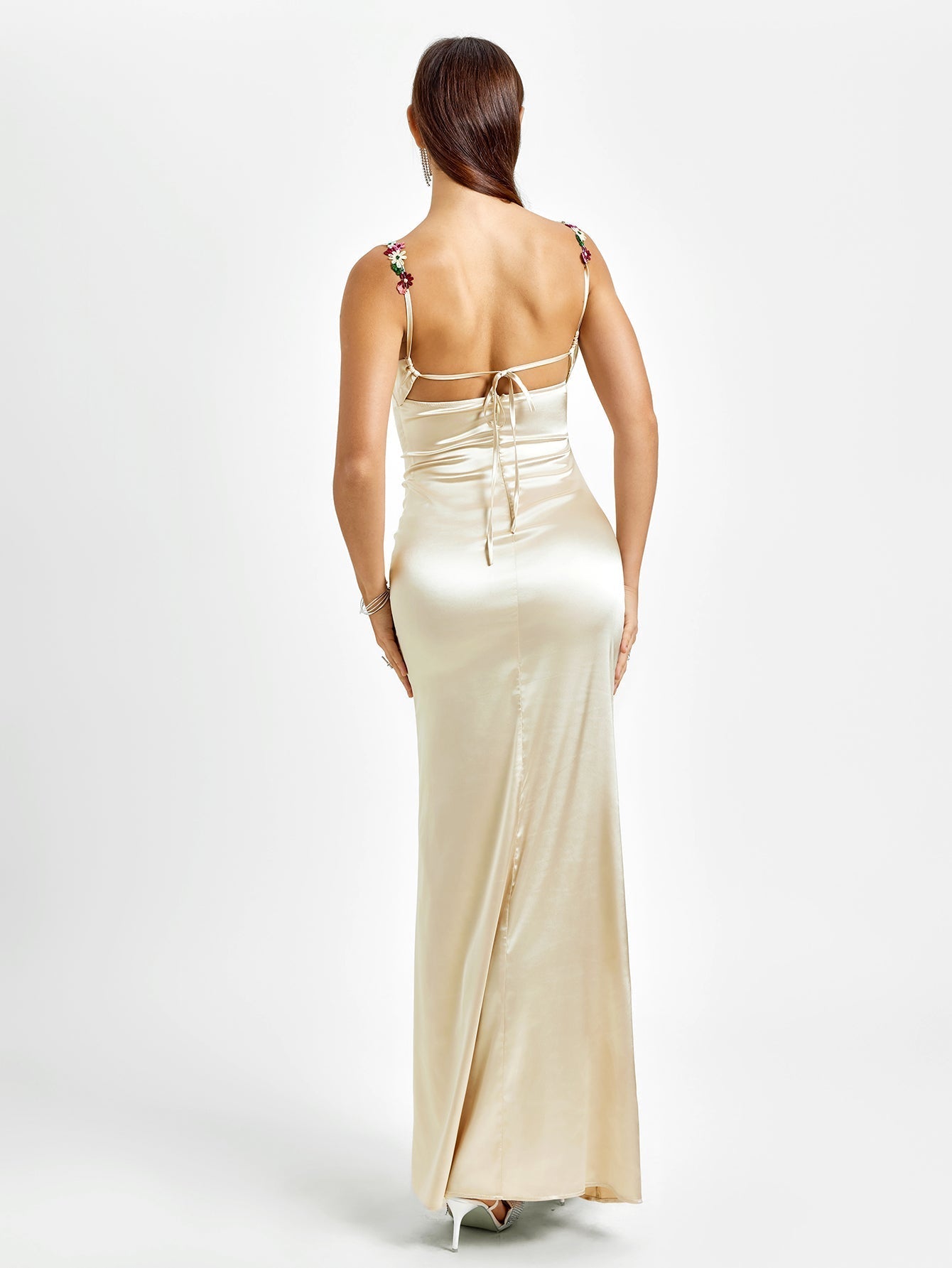 Embellished Strap Tie Back Satin Bodycon Dress - View 12