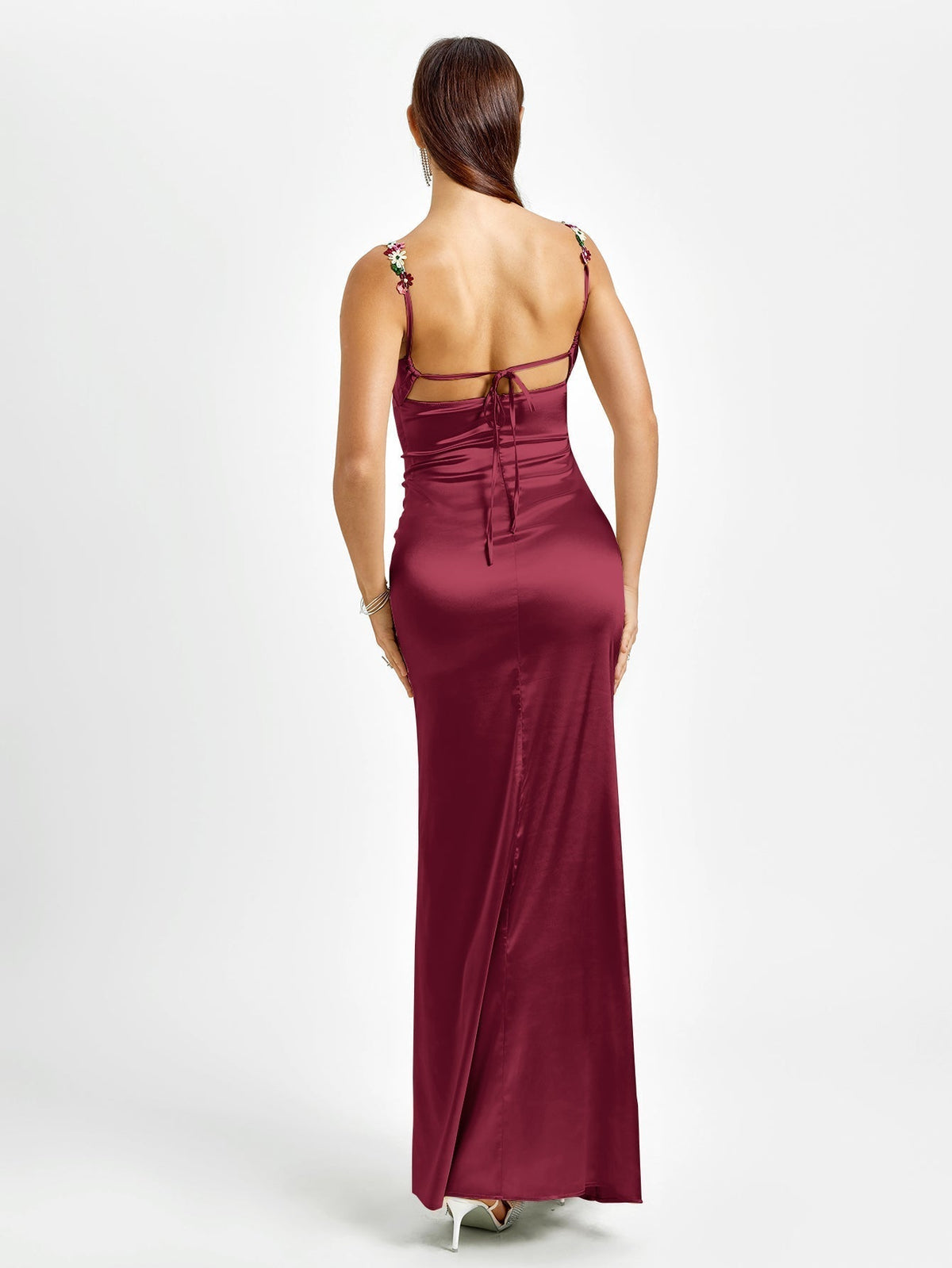 Floral Embellished Strap Cowl Neck Satin Bodycon Maxi Dress 13