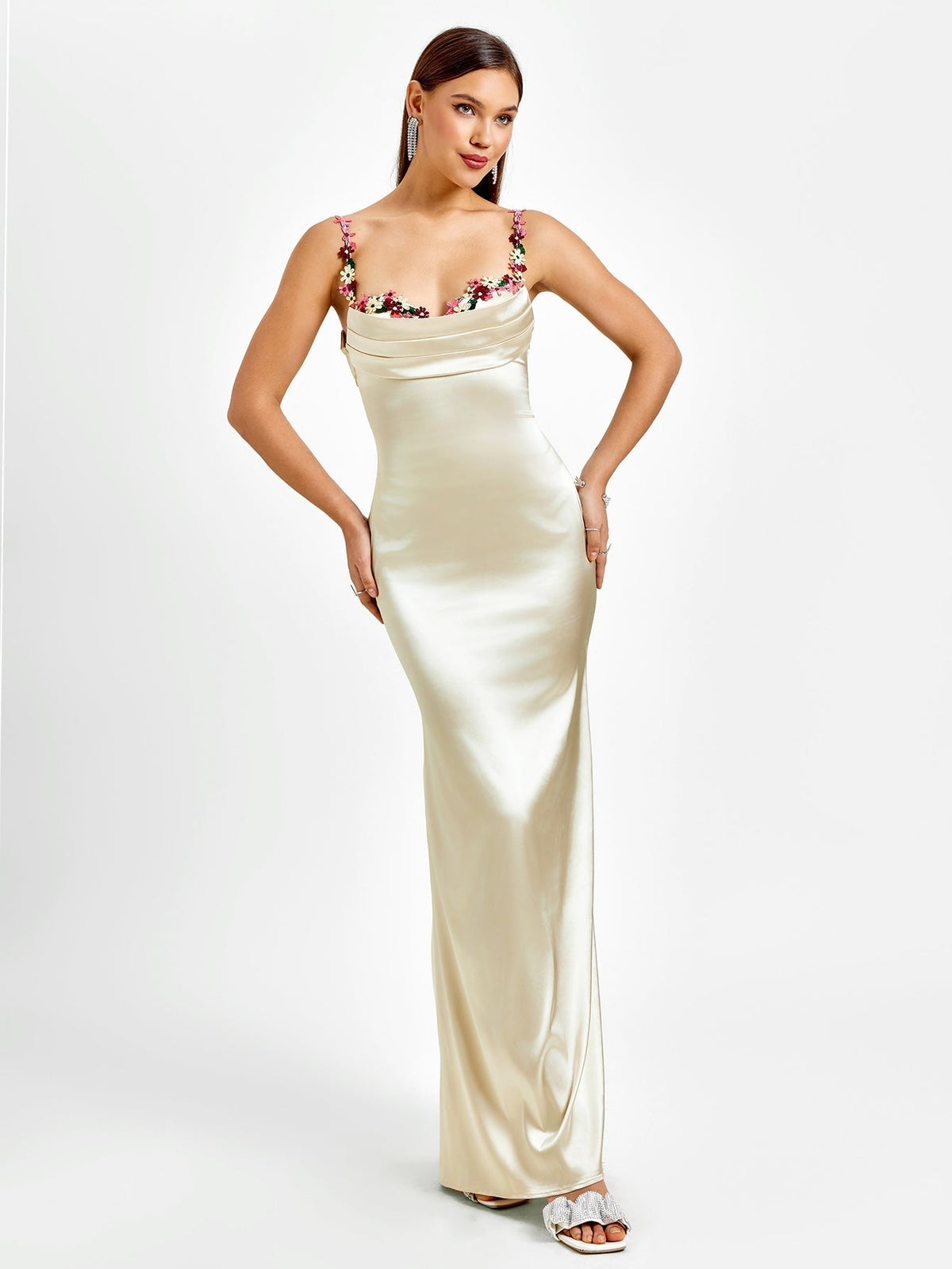 Floral Embellished Strap Cowl Neck Satin Bodycon Maxi Dress