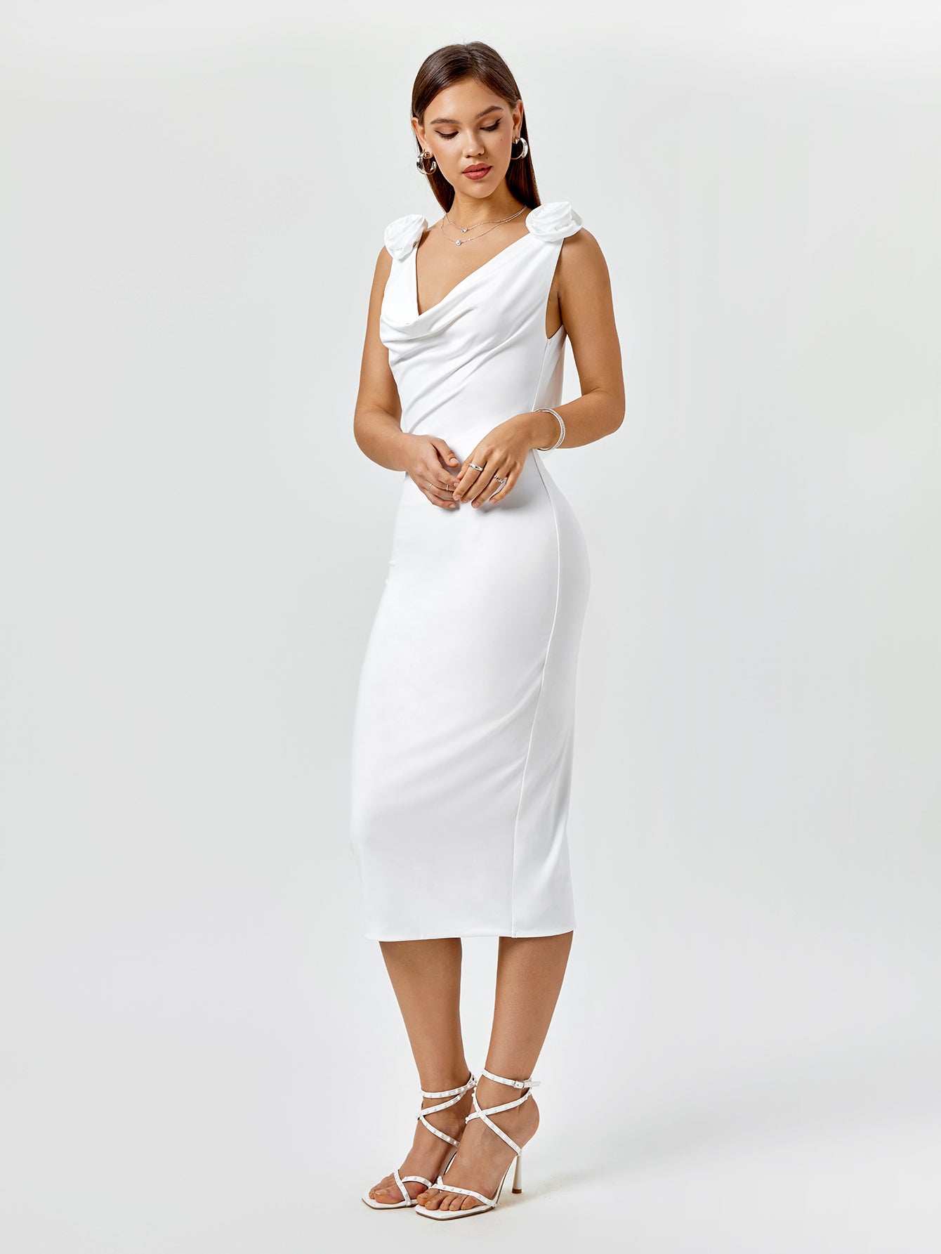 Embellished V-Neck Draped Back Midi Dress - View 4