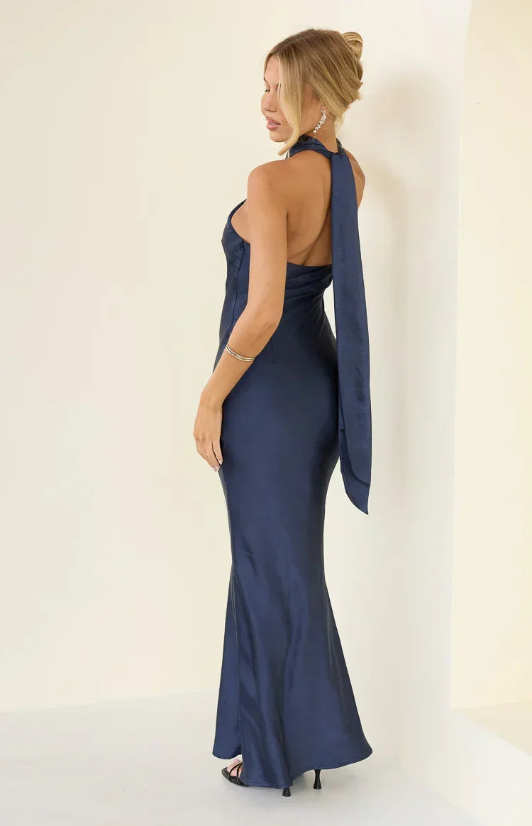 Satin Twist Halter Neck Sleeveless Bias Cut Maxi Dress 3