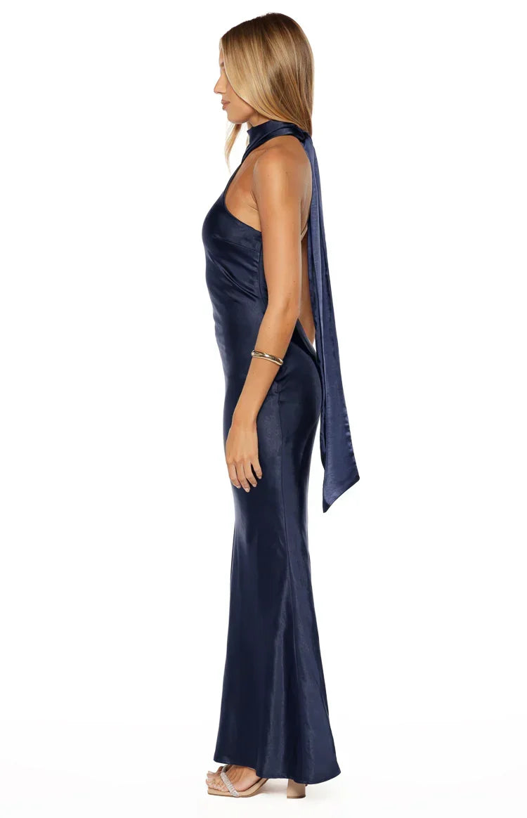 Satin Twist Halter Neck Sleeveless Bias Cut Maxi Dress 6