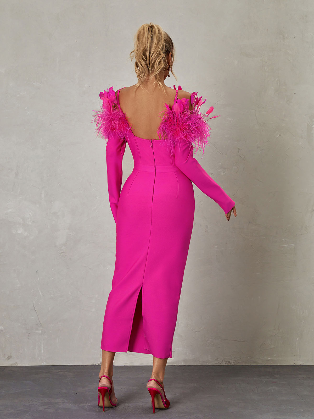 Feather Off Shoulder Long Sleeve Bandage Maxi Dress