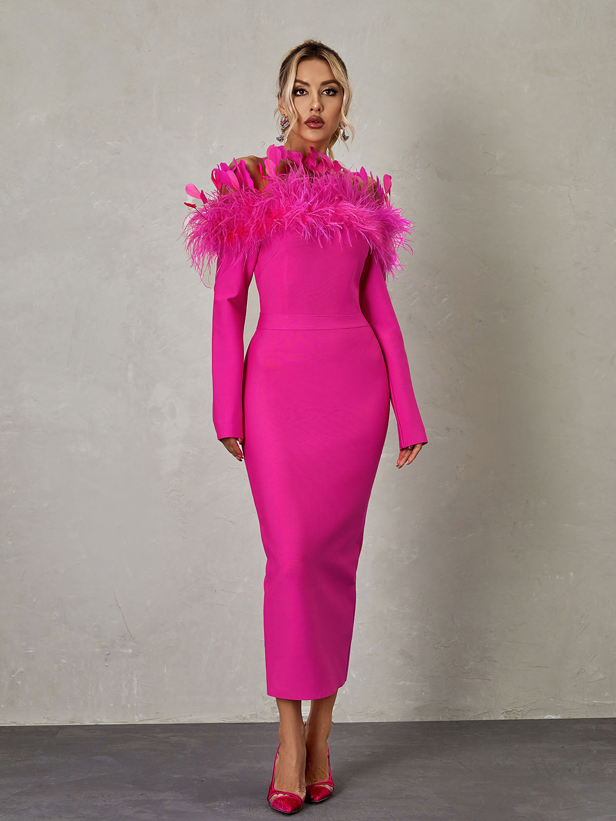 Feather Off Shoulder Long Sleeve Bandage Maxi Dress